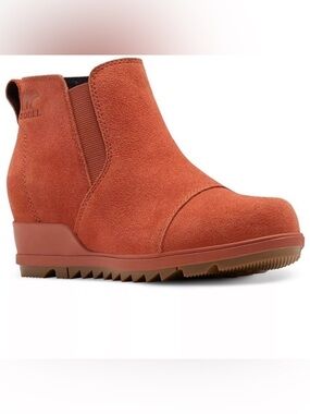 SOREL Evie Pul-On Warp Red Orange Gum Suede Wedge Bootie - size 9.5, NWT